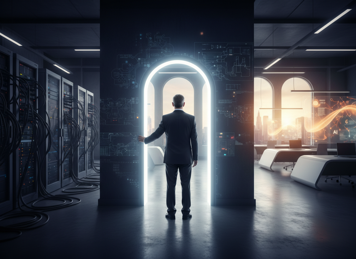 Experienced technology leader looking from a traditional data center toward a bright AI-enabled future